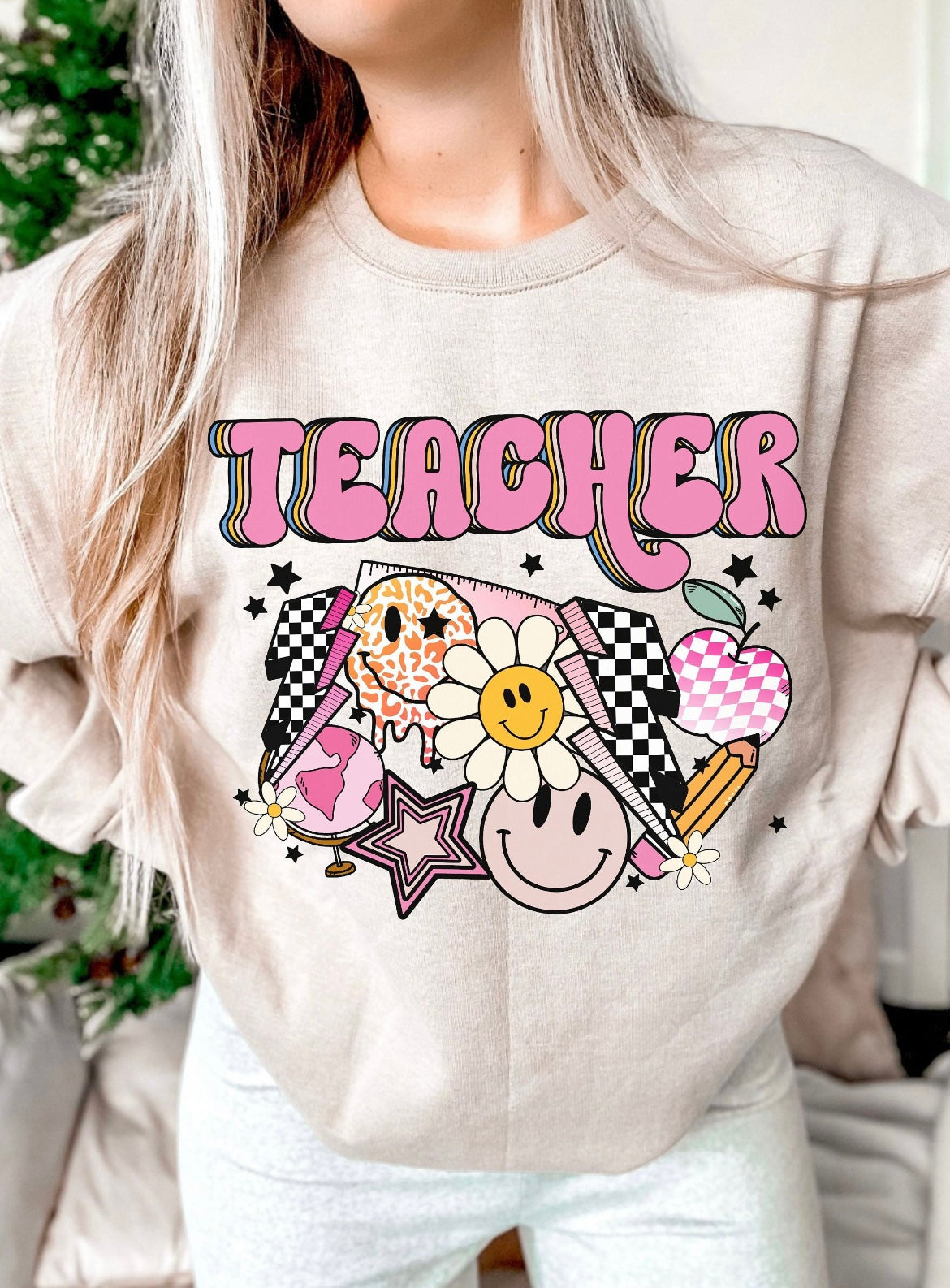TEACHER CHECKERED LIGHTENING BOLTS, SMILEYS, FLOWERS