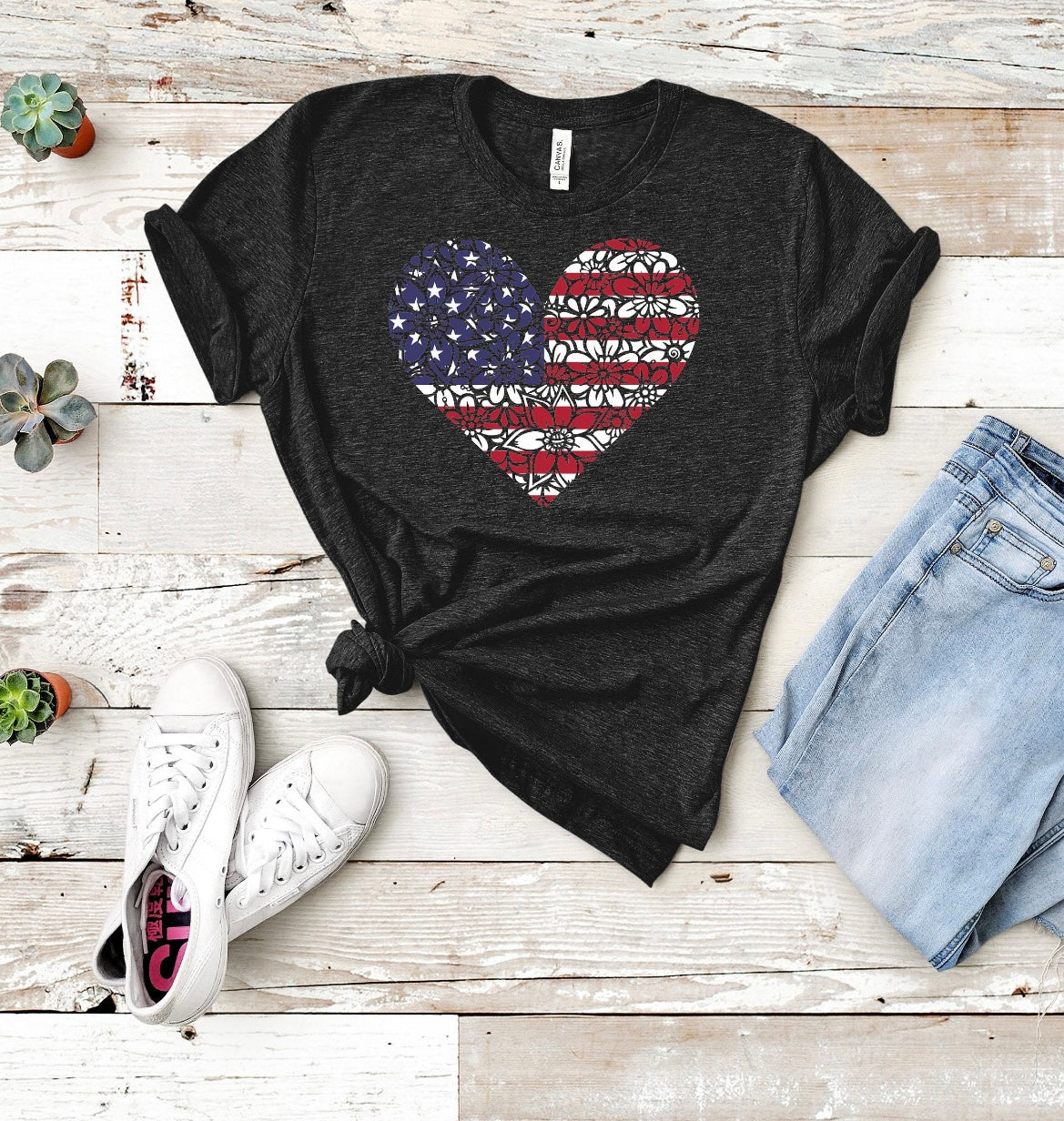 AMERICAN FLAG HEART WITH FLOWERS