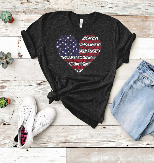 AMERICAN FLAG HEART WITH FLOWERS