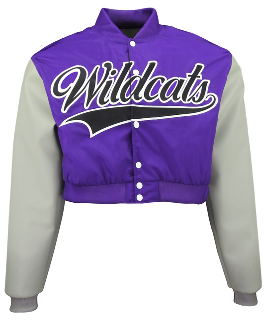 Sublimated Crop Top Letterman Jacket w/ Faux Leather Sleeves